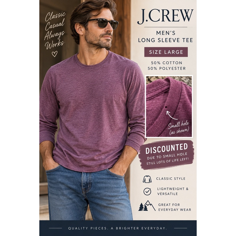 J.Crew Mens Long Sleeve Tee Shirt Heathered Burgundy Purple Cotton Blend Large